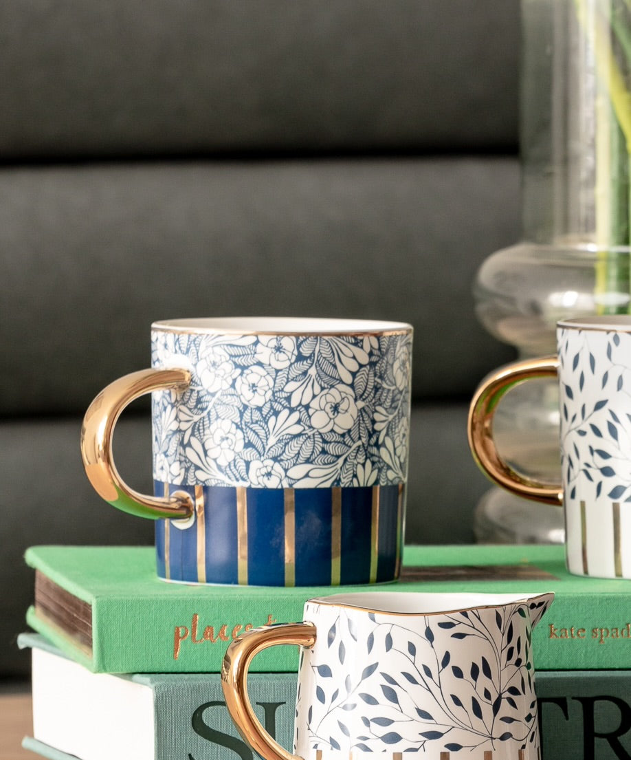 Mug blue flower ceramic gold