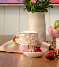 Load image into Gallery viewer, Mug pink flowers ceramic gold
