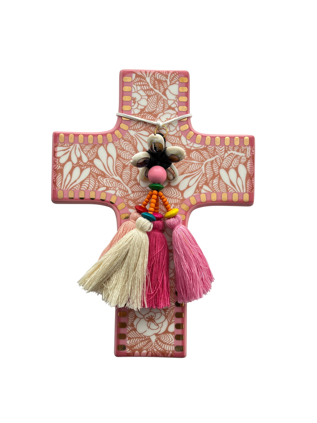 Cross pink flowers ceramic gold