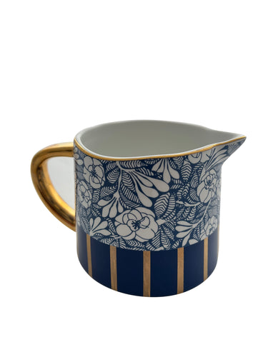 Milk jug ceramic gold blue flowers