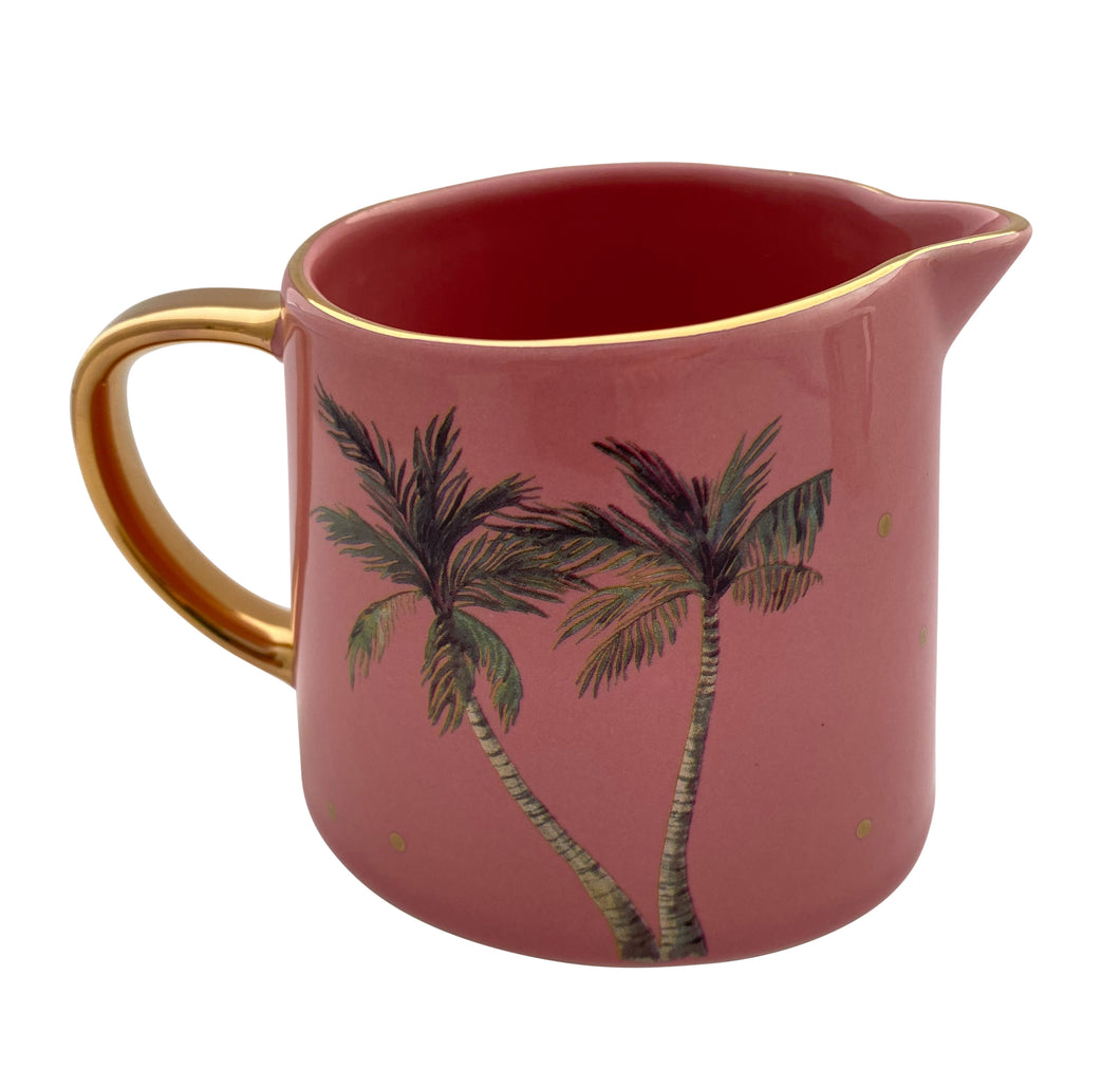 Pink milk jug ceramic palm tree gold