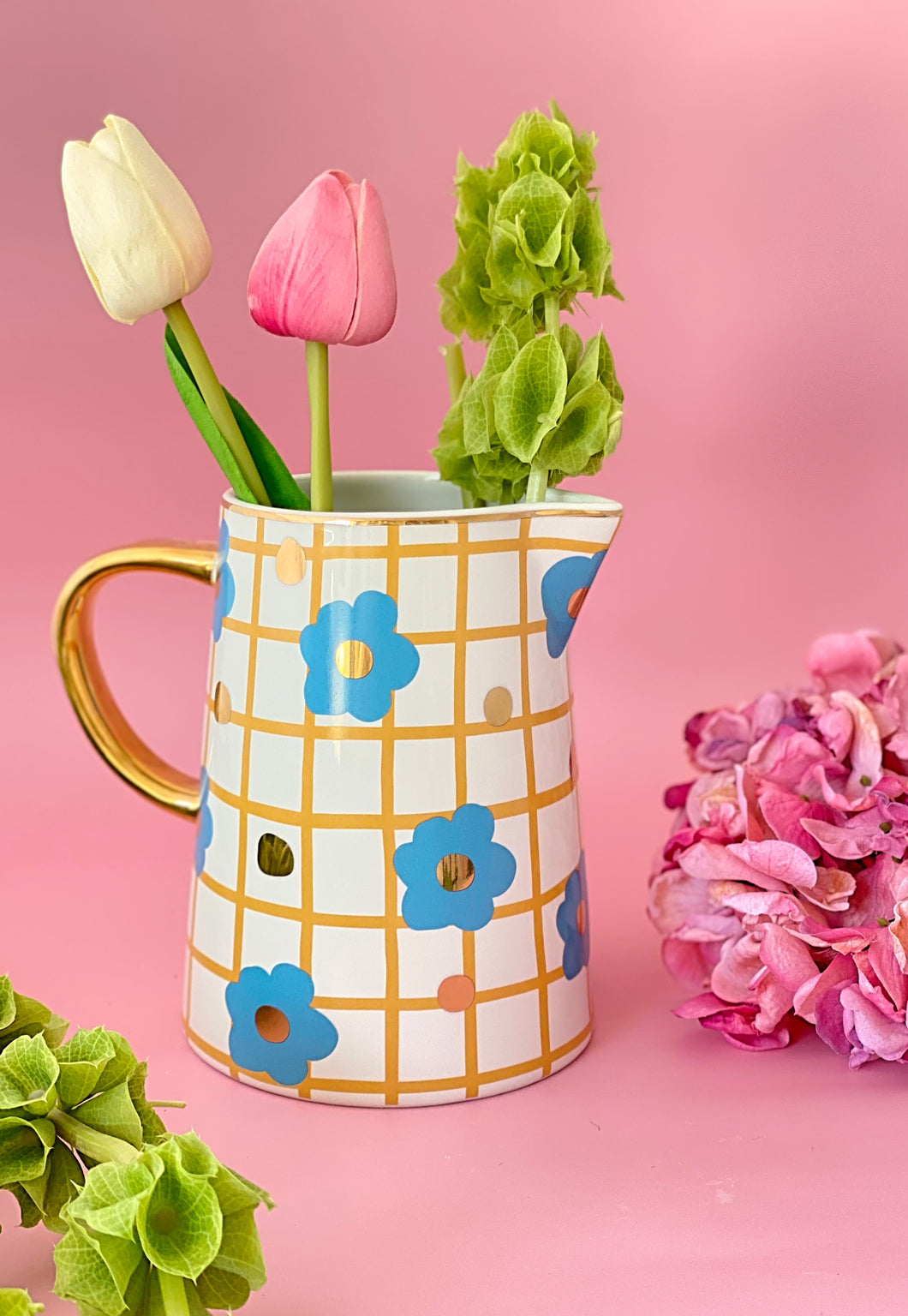 Jug blue flowers gold ceramic 