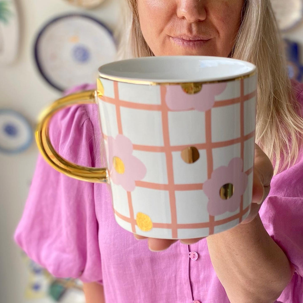 Pink mug flowers tartan ceramic